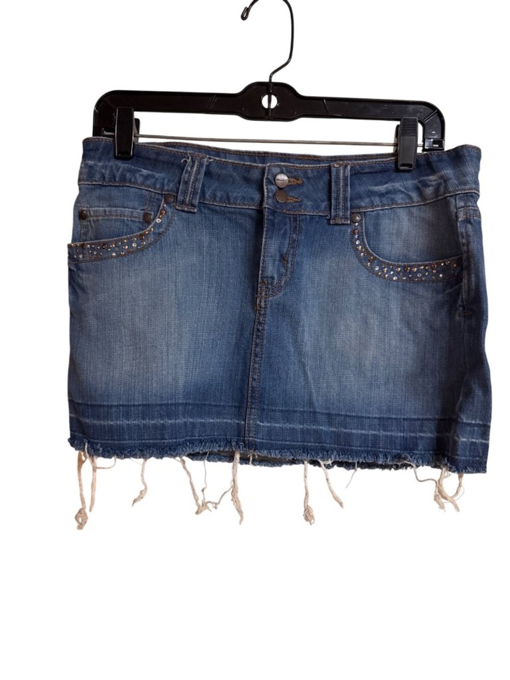 Jordache Womens Denim Mini Skirt With Rhinestone Accents & Frayed Hem